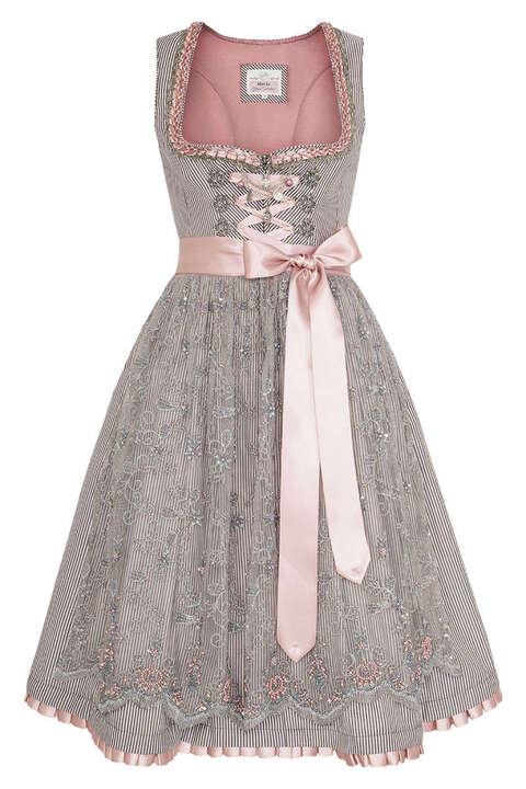 Midi Dirndl gestreift mit Spitzenschrze braun rosa