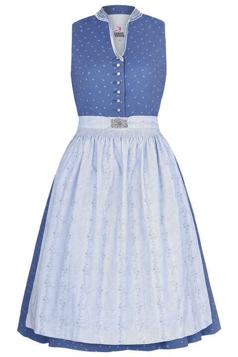 Dirndl hochgeschlossen mit Broschenschrze Salzburger Blau