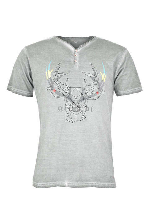Trachten T-Shirt V-Ausschnitt mit Knöpfen 'grias di' grau