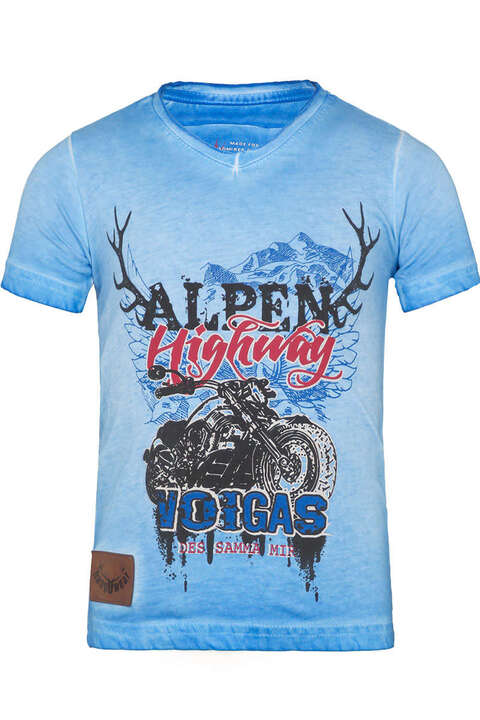 Trachten T-Shirt V-Ausschnitt Alpen Highway blau