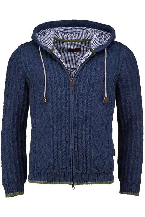 Strickjacke mit Zopfmuster und Kapuze blau