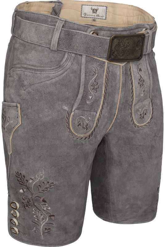 Herren Lederhose kurz bestickt mit Gürtel Gweih & Silk MIGUEL WILDBOCK M. GÜRTEL in TITANGRAU/SILBERGRAU - Vorderansicht seitlich