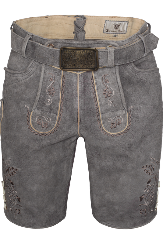 Herren Lederhose kurz bestickt mit Gürtel Gweih & Silk MIGUEL WILDBOCK M. GÜRTEL in TITANGRAU/SILBERGRAU - Vorderansicht