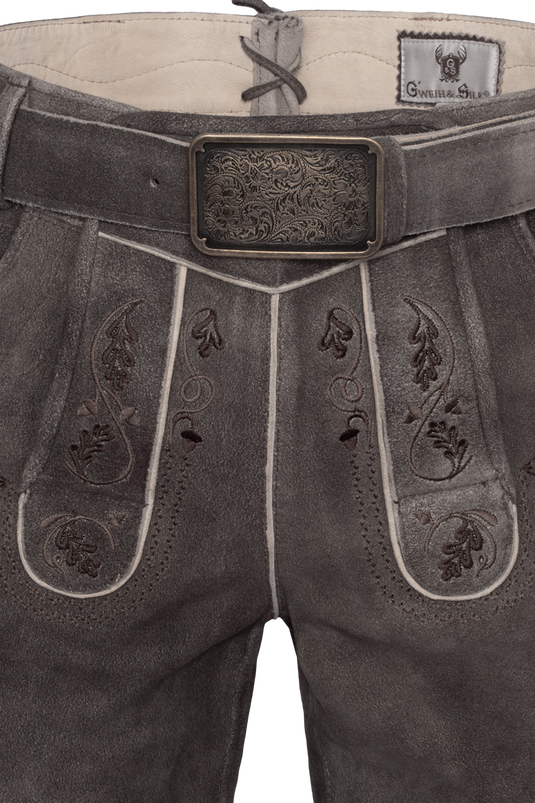 Herren Lederhose kurz Geweih & Silk PEDRO WILDBOCK M. GÜRTEL in BISON/SCHOKO - Vorderansicht Detail oben