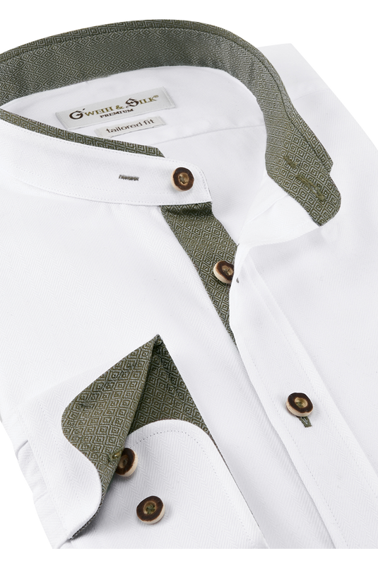 Herren Trachtenhemd Gweih & Silk PILSENSEE 03/252 in WEIß/GRÜN - Detail von Knöpfen und Kontrastverarbeitungen