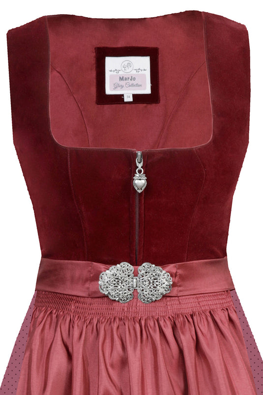 Midi-Dirndl mit Samtoberteil und Broschenschließe - rubinrot